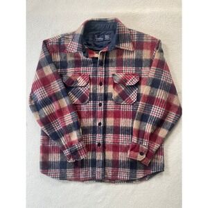 70s Vintage Brewster Mens Large Flannel Shirt Jacket Red Plaid Wool Blend Lined